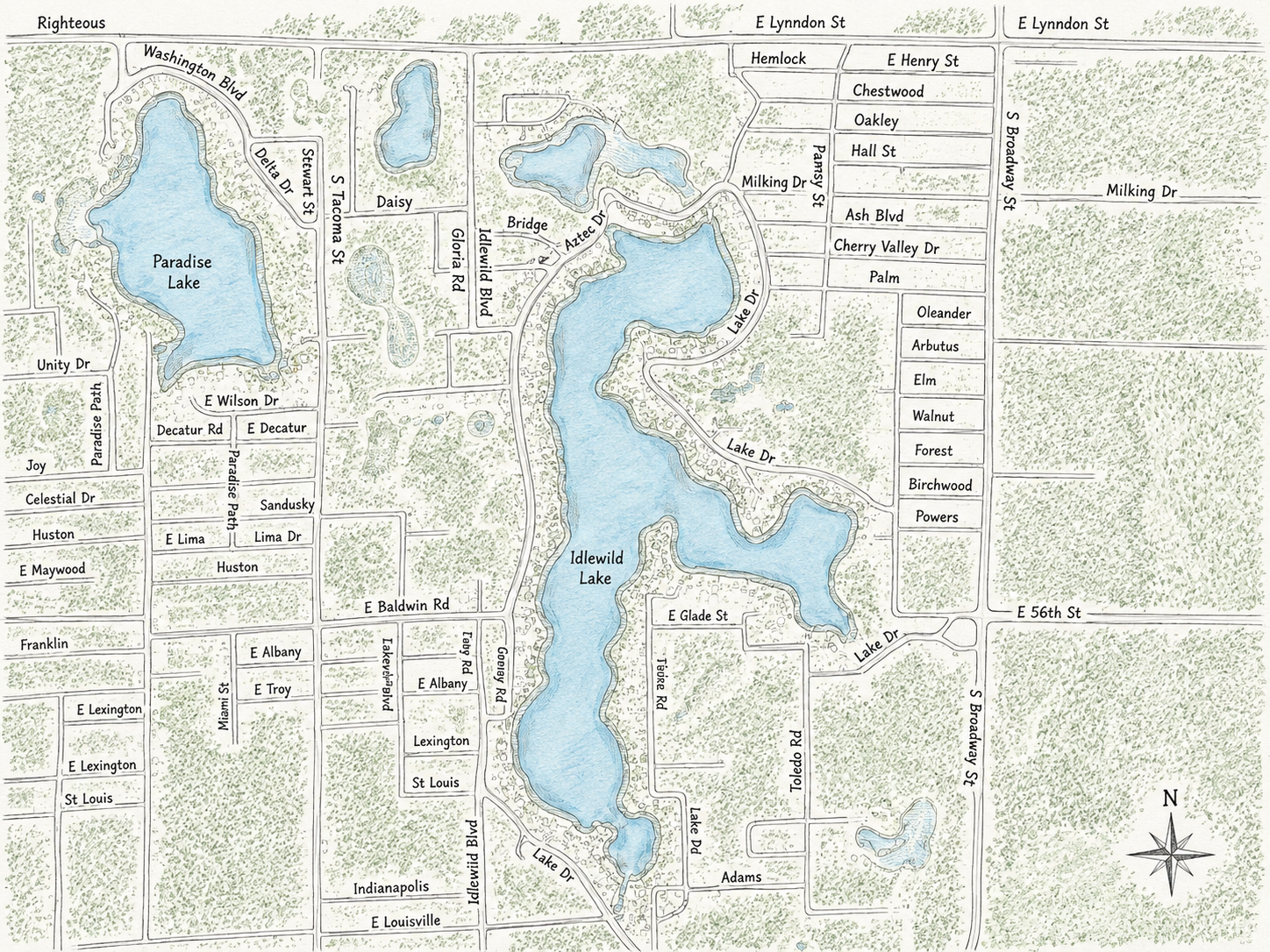 Hand-drawn map of Idlewild, Michigan showing Paradise Lake, Idlewild Lake and surrounding streets